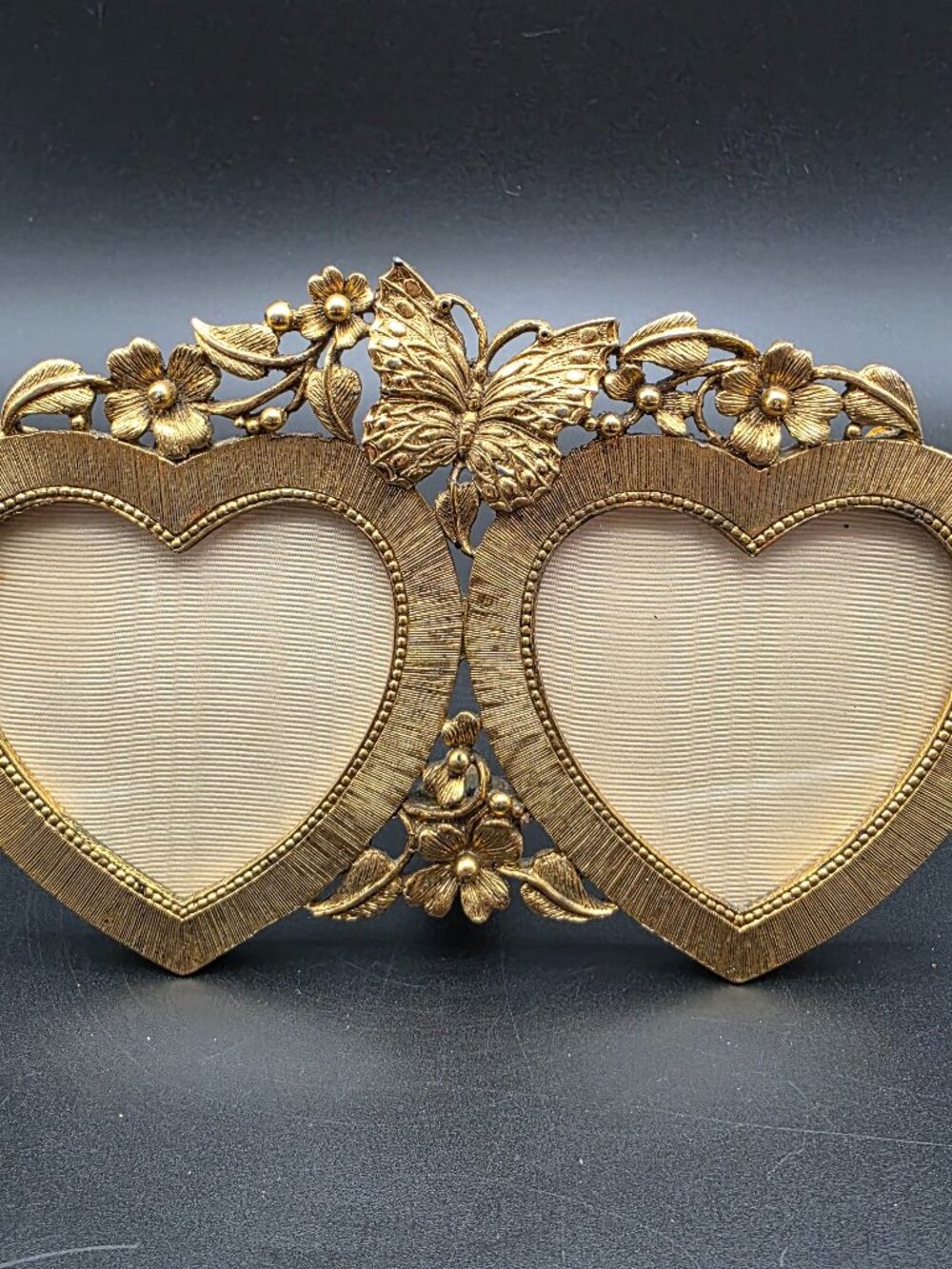 Vintage Matson Ormolu Gold Plated Double Heart butterfly Metal Picture Frame